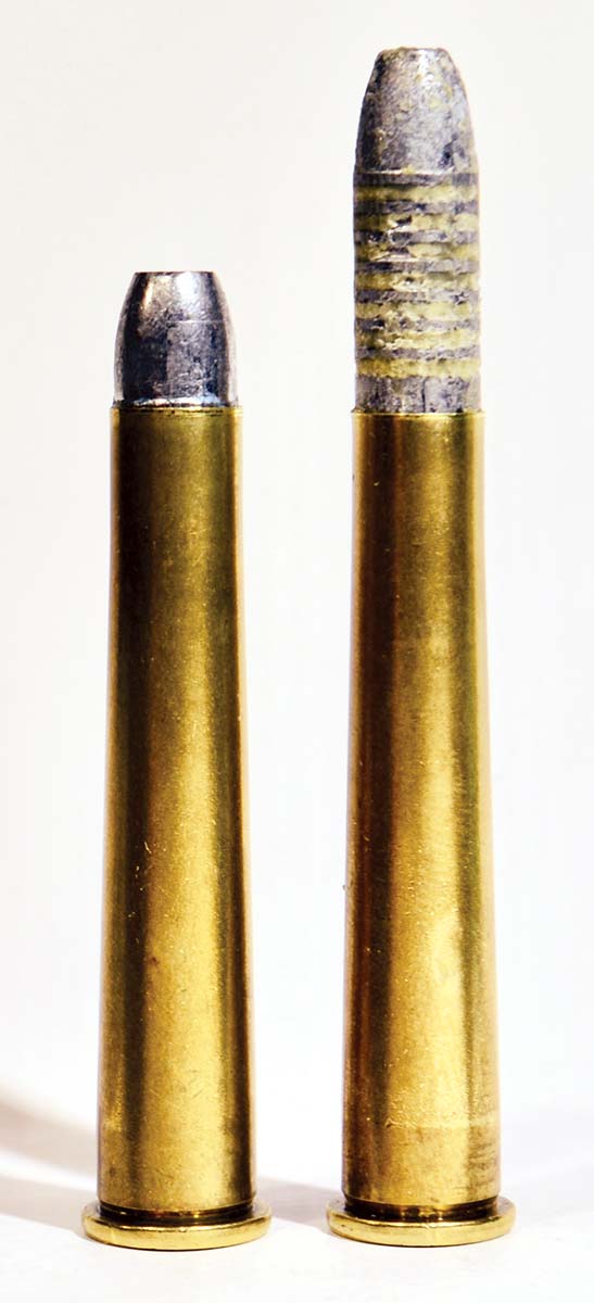 One old method of aligning bullet and bore, commonly used in the 32-40, was to partially seat the bullet in a snug neck (right), then allow it to be pushed into the case by the rifling lands when the breech was closed. This was not as convenient as a conventionally loaded round (left), but it resulted in superior match accuracy.